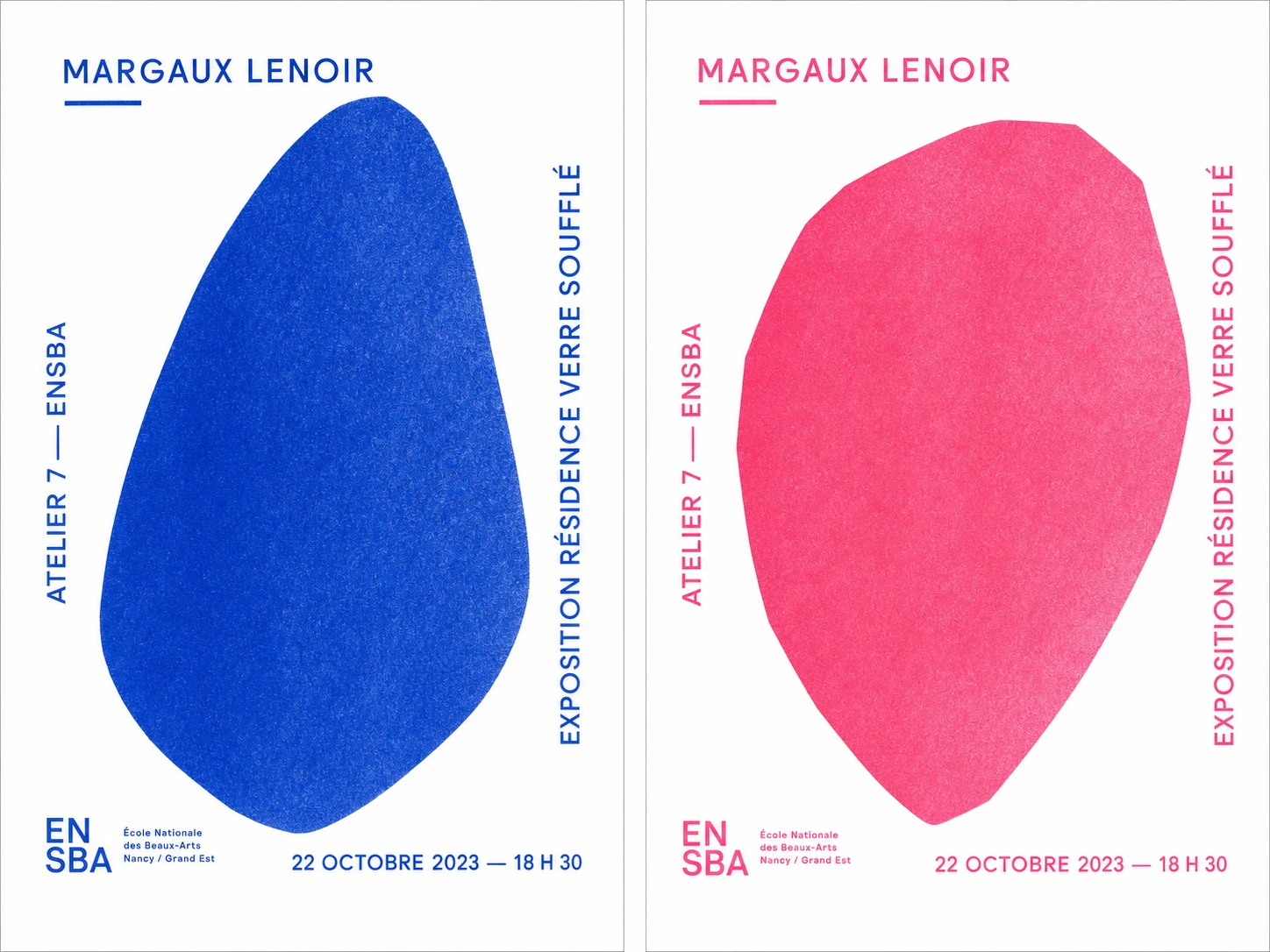 A minimalist art-exhibition poster featuring a single large organic blob shape in a saturated color against a white field, framed by sans-serif text along the e