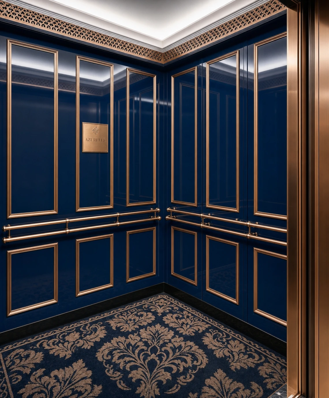A luxurious interior view of an elevator cabin paneled in deep navy lacquer with brass trim and a damask-patterned carpet.