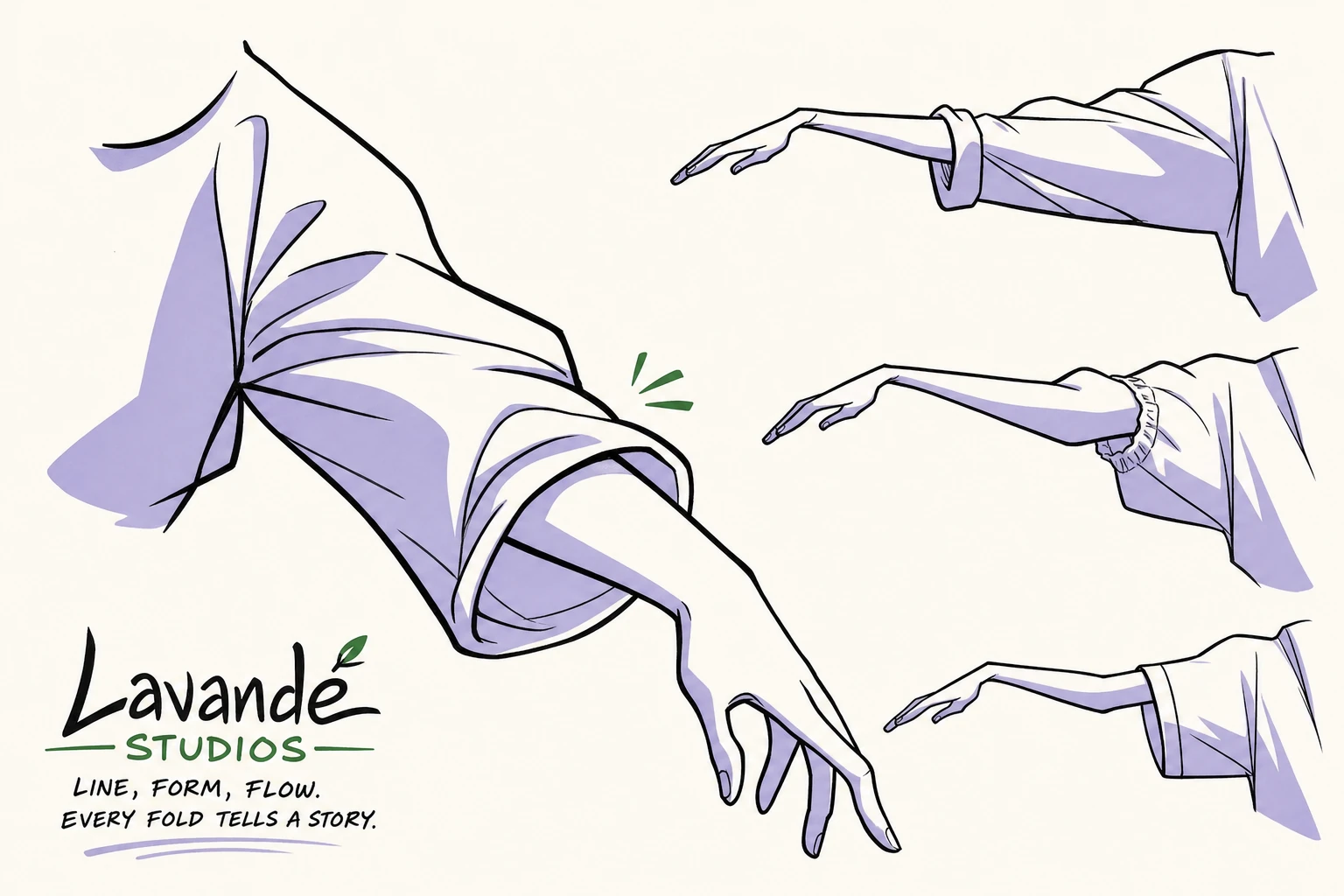 An anatomy/drapery study sheet showing an outstretched arm in a sleeve, rendered in clean ink line work with lavender shading, accompanied by smaller variation 