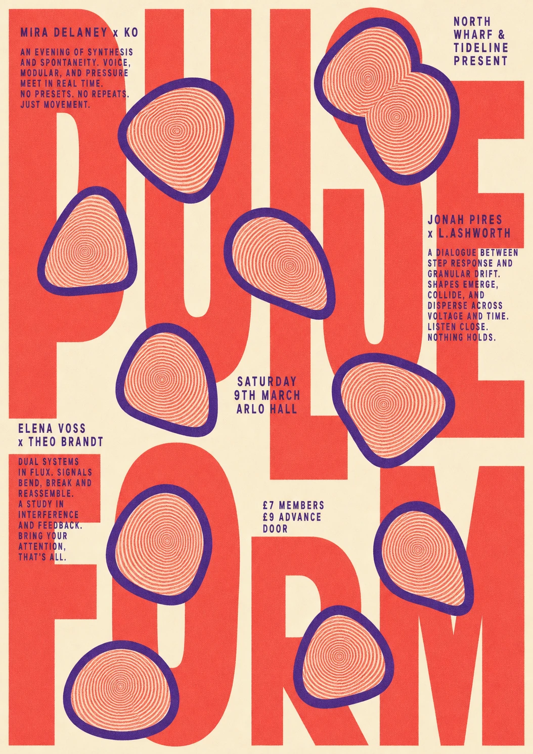 A bold typographic music event poster with giant overlapping headline letters and scattered organic concentric-ring blobs.