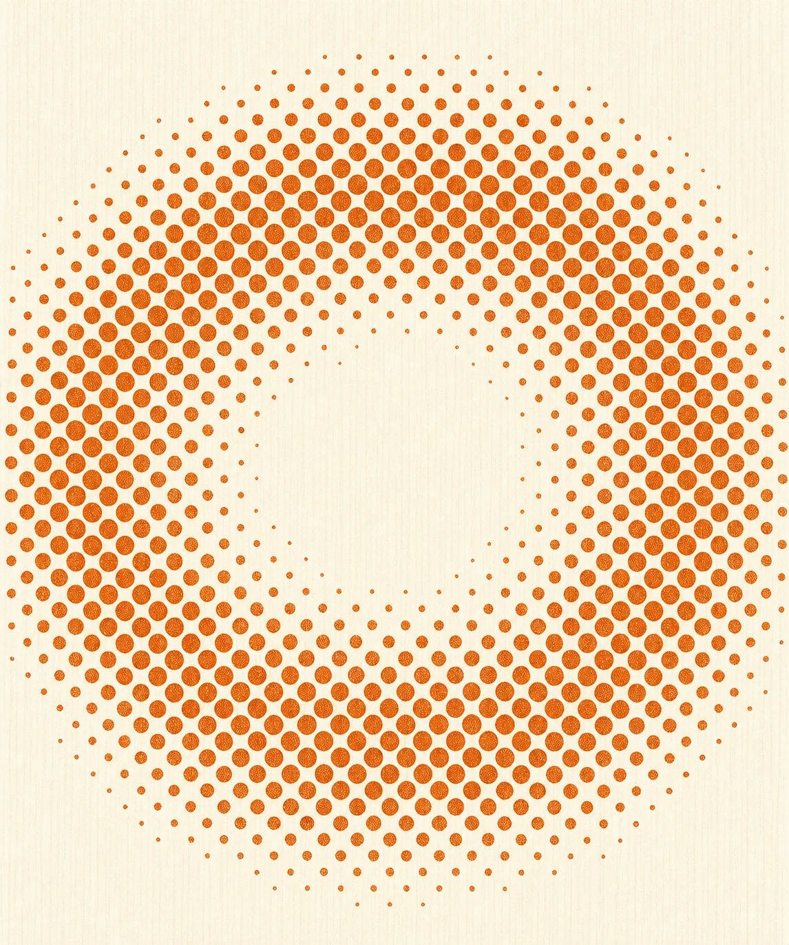 A halftone-style ring formed by gradient-sized orange dots radiating around an empty center on a cream ground.