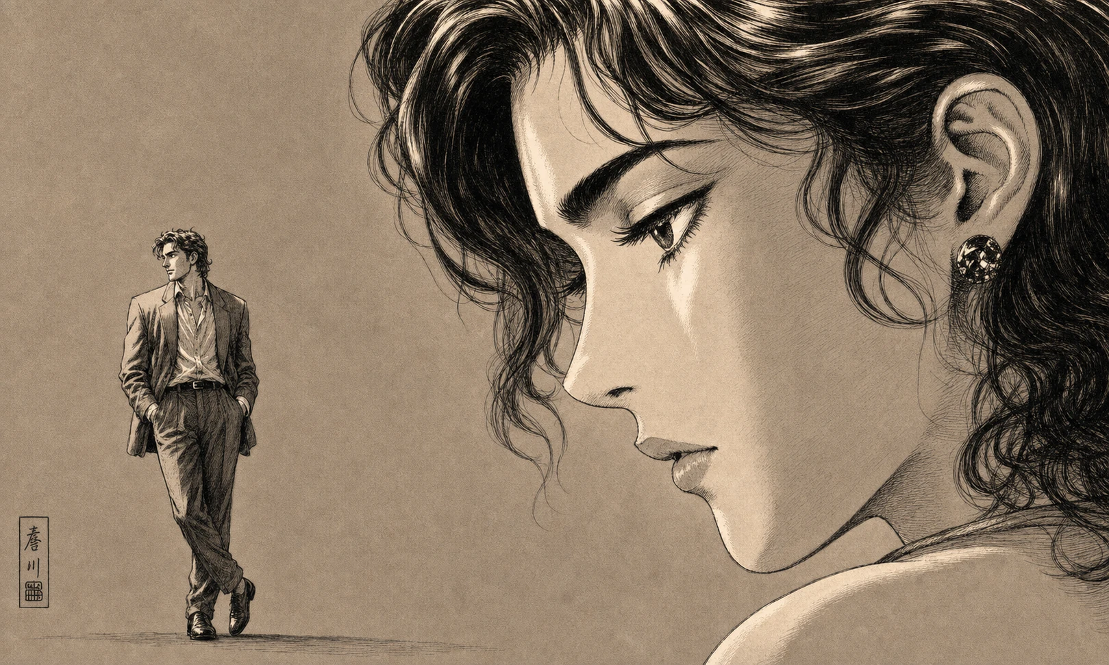 A sepia-toned, finely-inked illustration pairing a large close-up of a woman's pensive profile with a small full-body figure of a man walking away in the distan