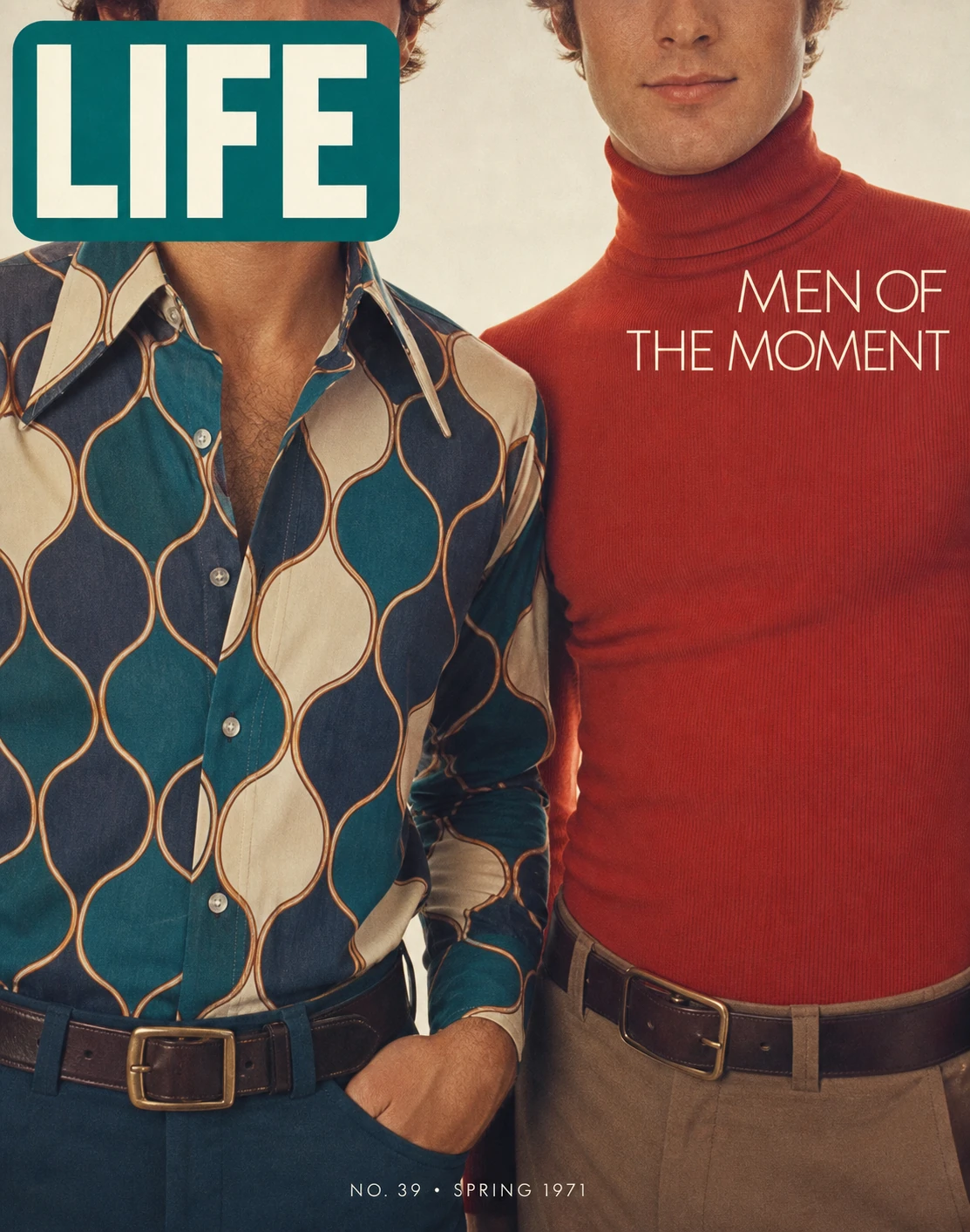 A retro 1970s-style magazine cover featuring two stylishly dressed men photographed from the nose down, paired with a bold masthead and elegant cover lines.