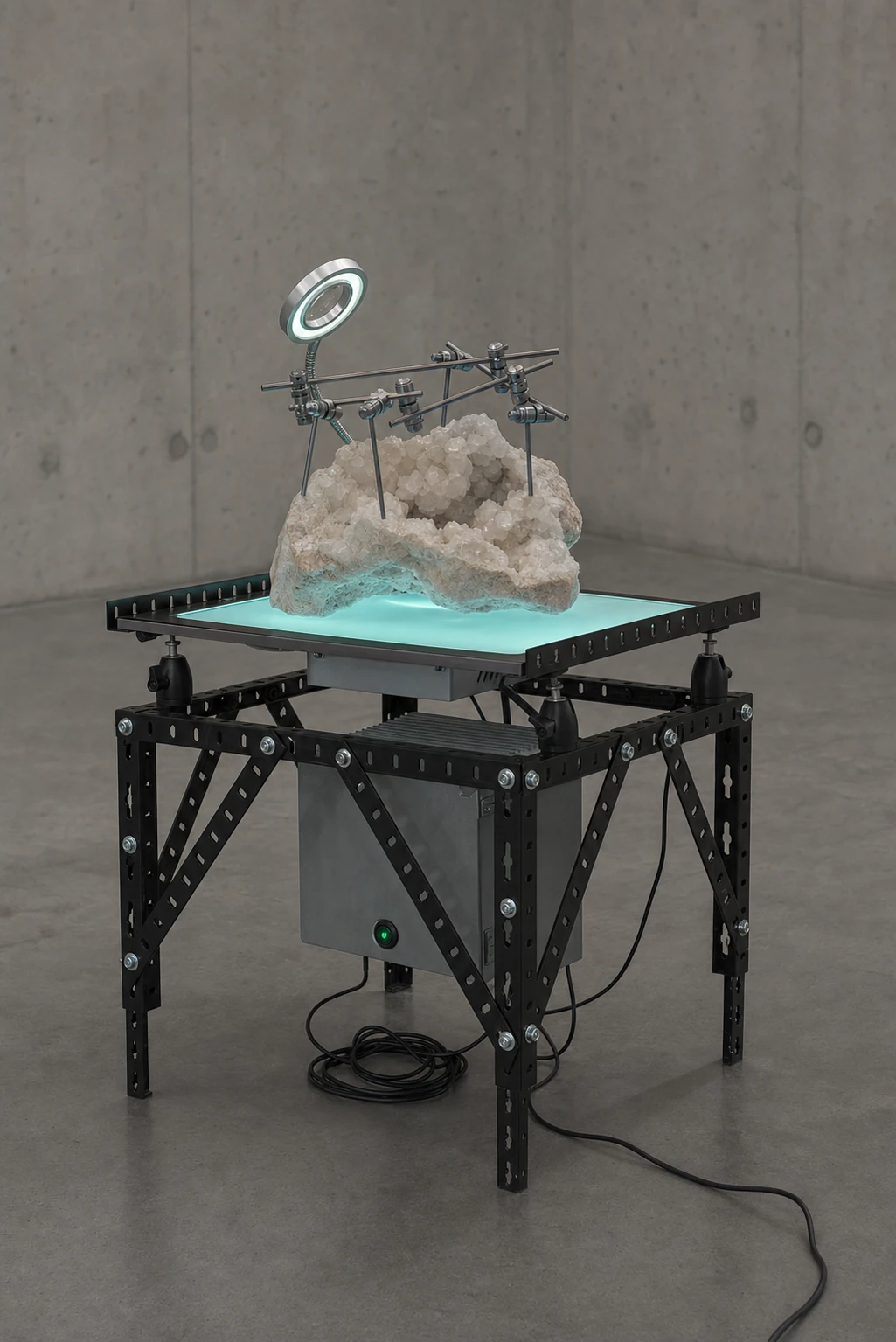 A sculptural laboratory-style installation featuring a glowing illuminated platform holding a raw mineral crystal cluster, mounted on a black industrial metal-f