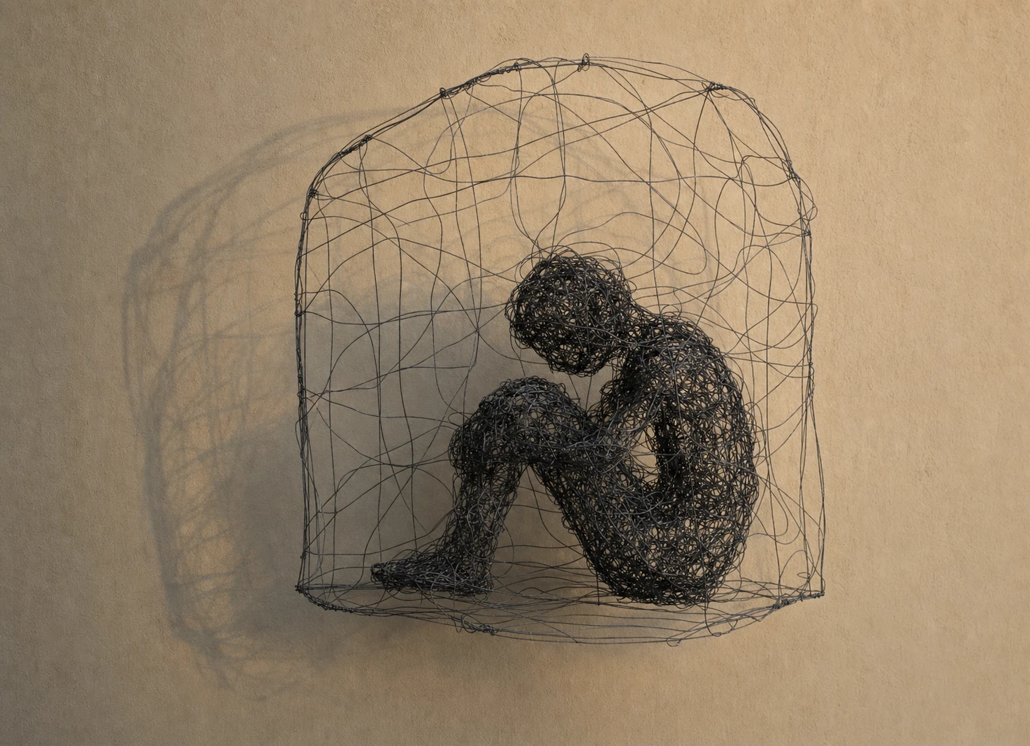 A wire sculpture of a curled-up human figure enclosed within a tangled wire dome, casting a soft shadow on a warm neutral wall.