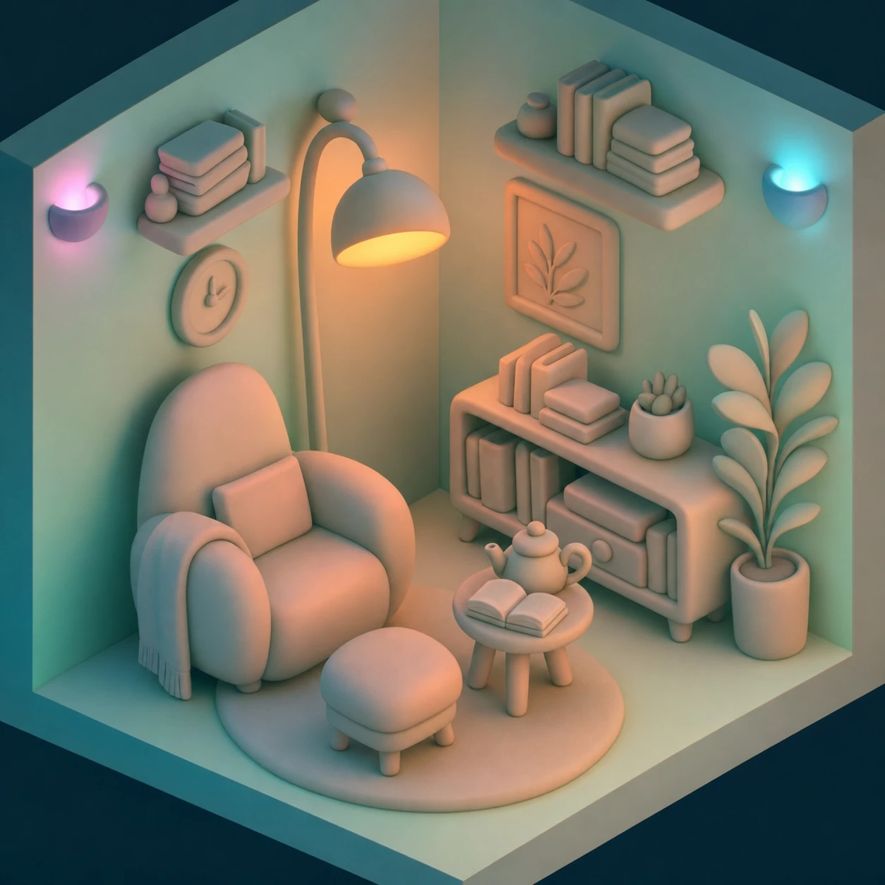 A cozy isometric miniature reading-nook room diorama rendered as a soft clay-like 3D model with warm lamp light and cool accent glows.