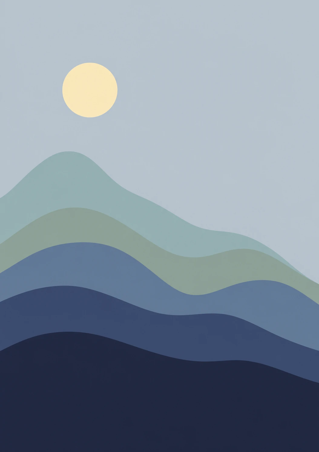 A minimalist flat illustration of layered rolling hills beneath a pale sun in a calm sky.