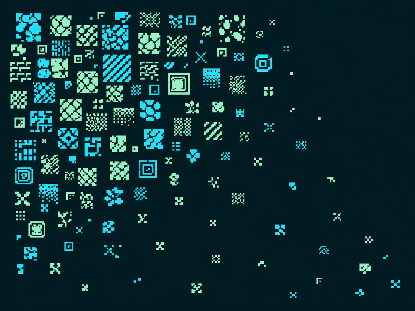 A pixel-art grid of small generative glyphs in cyan and mint that dissolves from a dense cluster into scattered sparse particles across a dark teal field.
