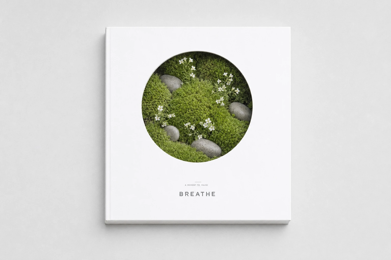 A minimalist white square book cover featuring a circular nature photograph and centered serif title, photographed flat-lay on a soft gray surface.