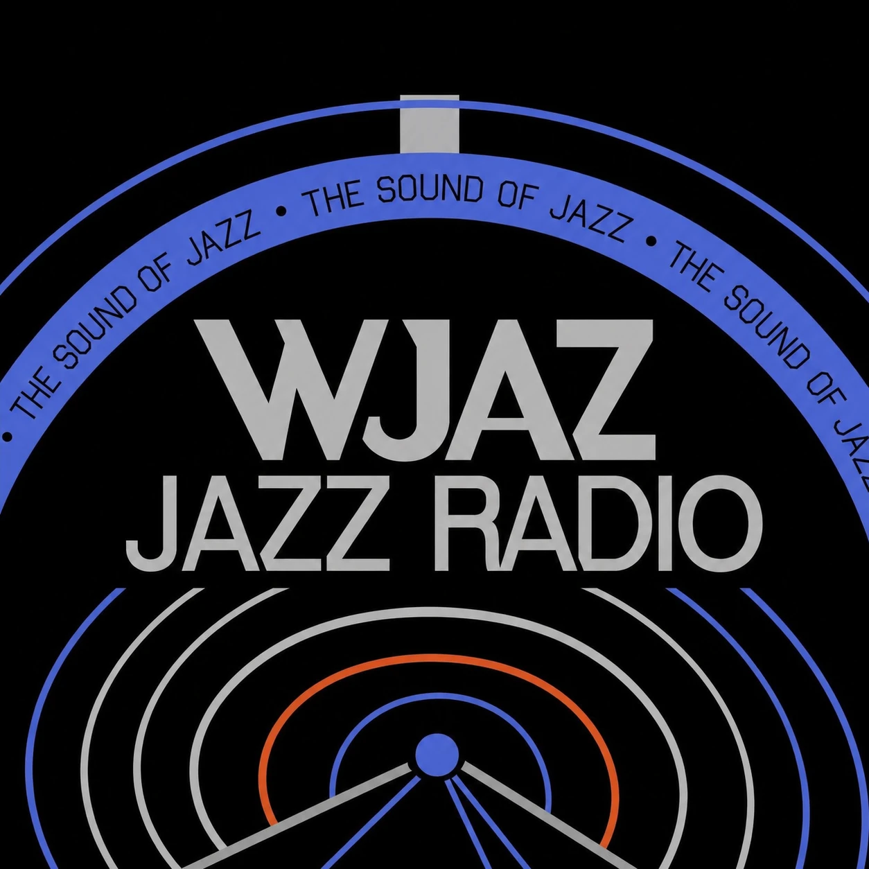 A retro-modern radio station emblem with bold call-letter typography set against concentric arcs and radiating sound waves on black.
