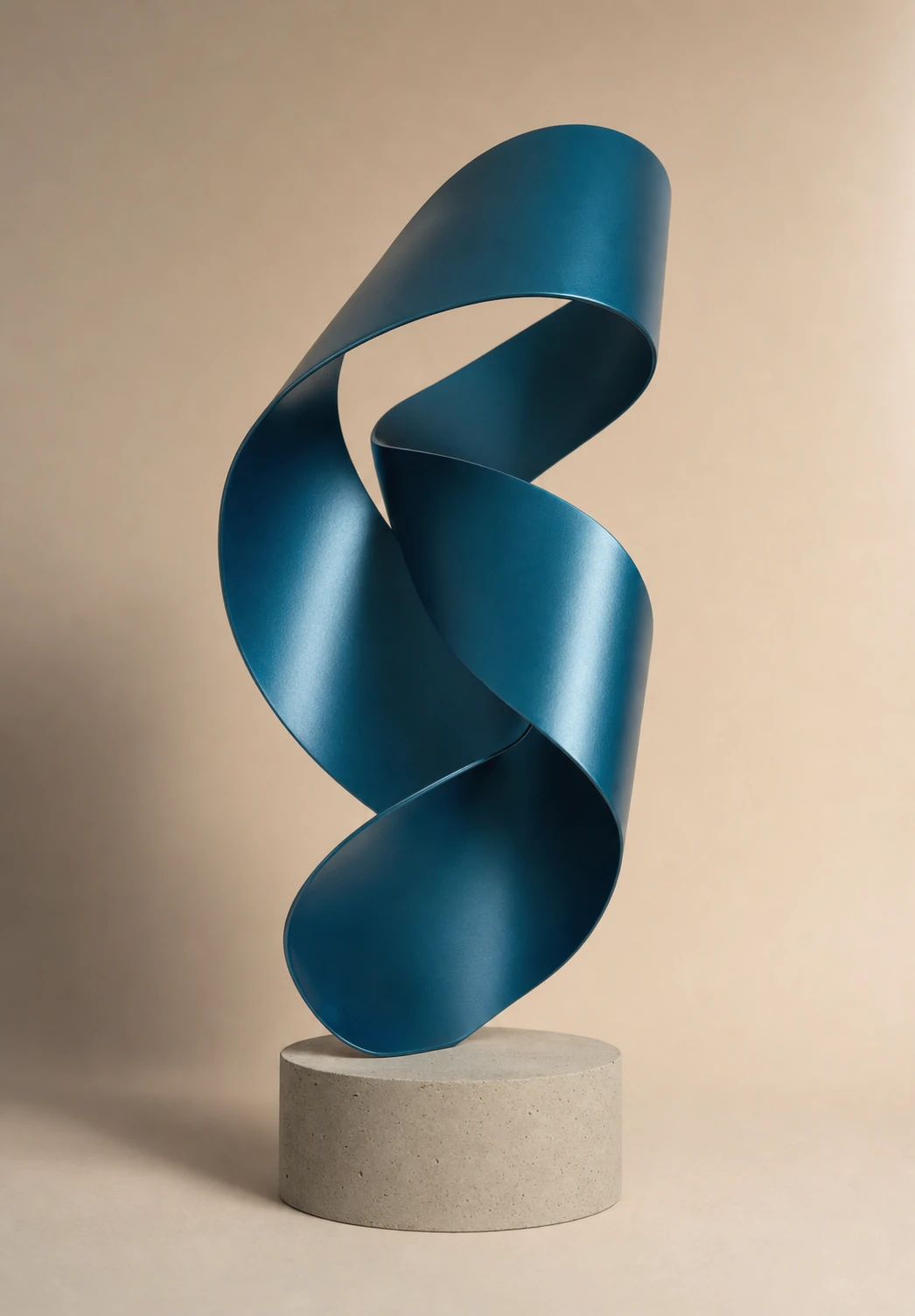 A flowing teal-blue ribbon sculpture twisting into an abstract knot atop a concrete cylindrical pedestal against a warm neutral backdrop.