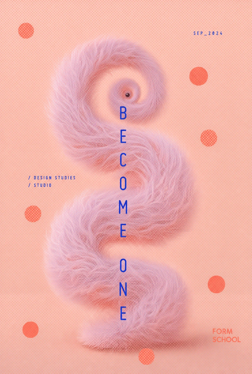 A surreal design poster featuring a soft, furry spiral coil sculpture in pastel pink against a peach background with minimal blue and coral typography.