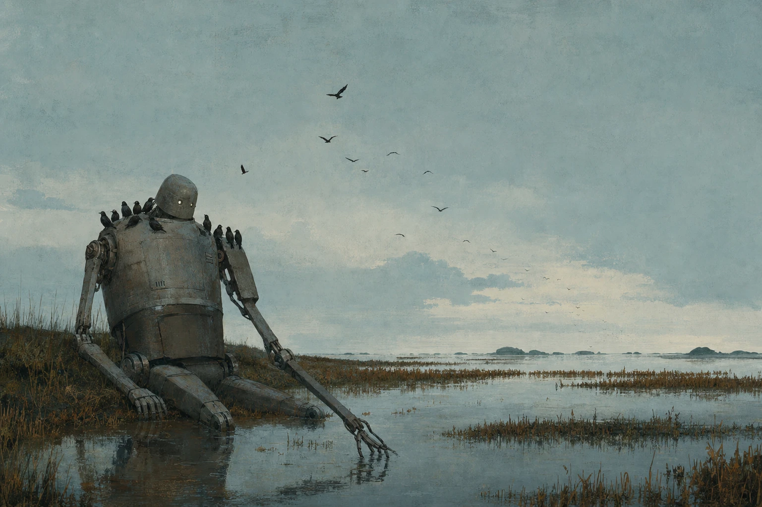 A weathered giant robot sits at the edge of a misty wetland, dipping one finger into still water as birds perch on its shoulders.