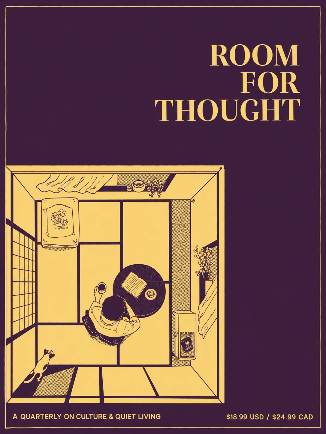 A two-tone magazine cover showing a top-down view of a person reading at a low table in a cozy traditional room, paired with a bold serif title.