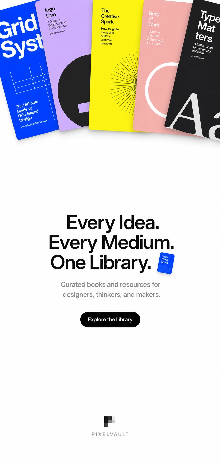 A clean editorial promo poster featuring a fanned arrangement of colorful design-book covers above a bold typographic headline and call-to-action button.