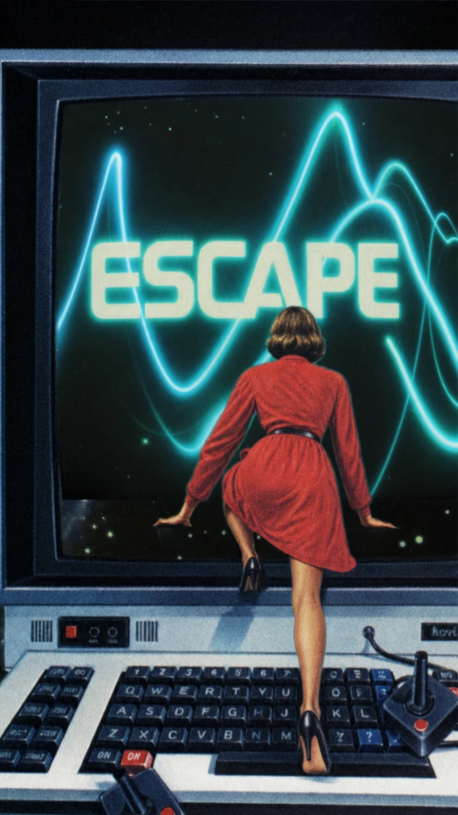 A retro-futuristic illustration of a woman in a red dress climbing into a giant vintage computer screen glowing with neon text.