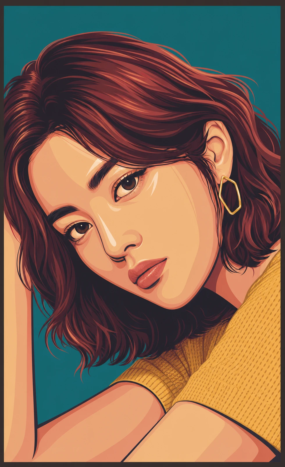 A stylized vector portrait of a young woman with auburn hair gazing toward the viewer against a teal background.