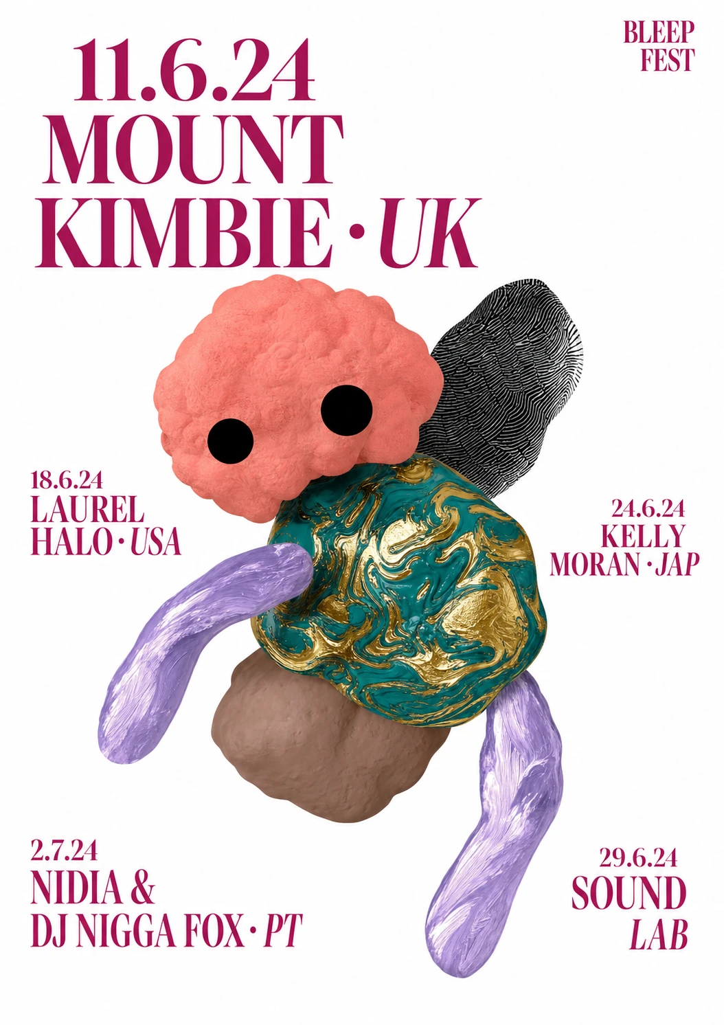 A music festival poster pairing bold magenta serif typography with a surreal abstract sculptural creature assembled from textured organic blobs.