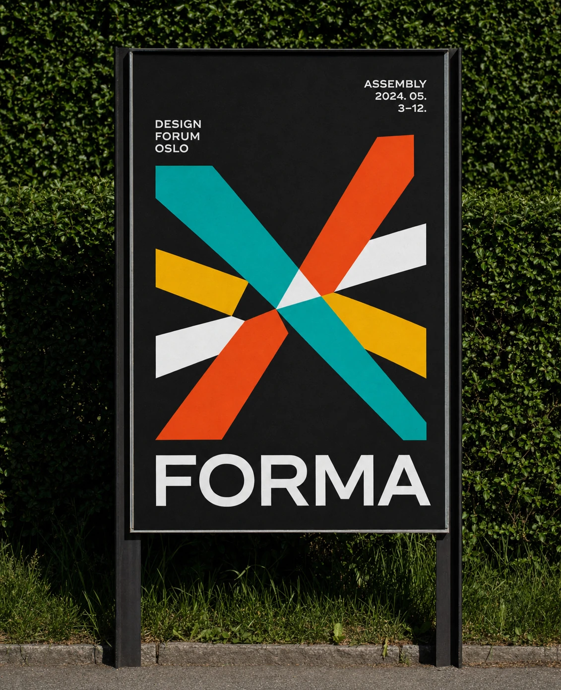 An outdoor freestanding poster sign showing a bold geometric design-forum brand poster against a green hedge.