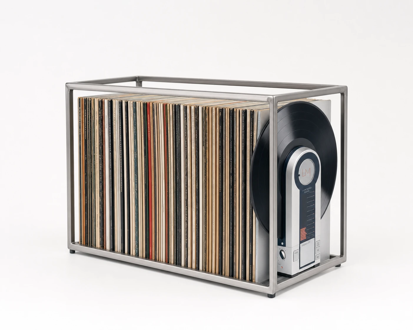 A minimalist product shot of a brushed-metal frame crate holding a row of vinyl records with a compact vertical record player mounted on one end.