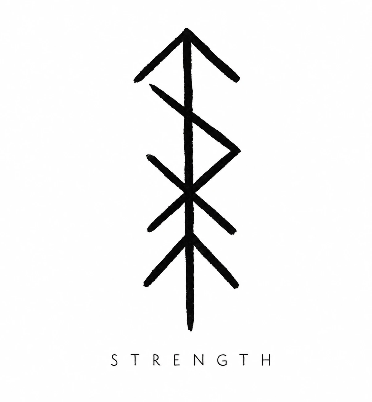 A minimalist black hand-painted Norse-style rune bindrune sigil centered on white, labeled with a single word below.