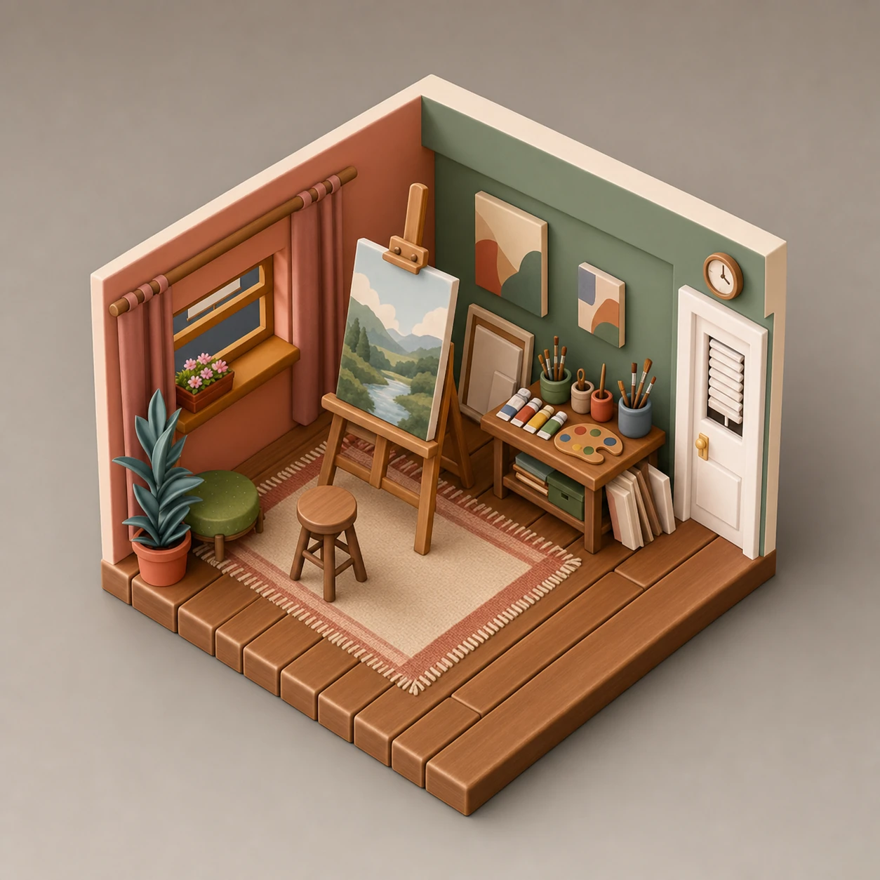 A cozy miniature isometric diorama of an artist's studio room rendered as a cute 3D cutaway cube.