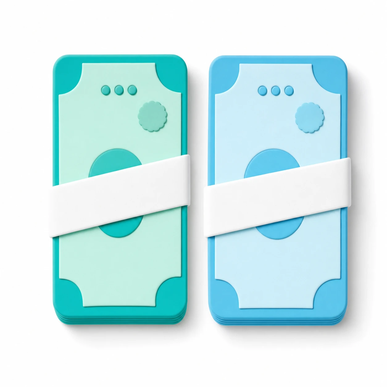 Two stacks of stylized, soft 3D banknotes in teal and blue, each bundled with a white paper band, sitting on a clean white surface.