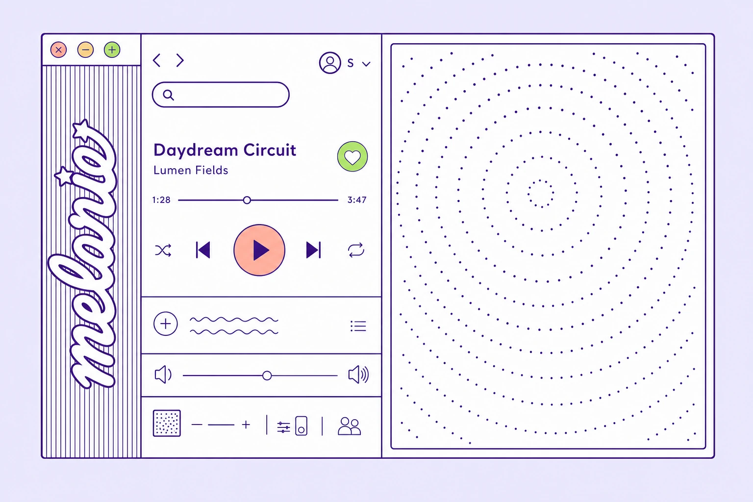 A line-art illustration of a retro-styled music player application window with a decorative dot-pattern panel.
