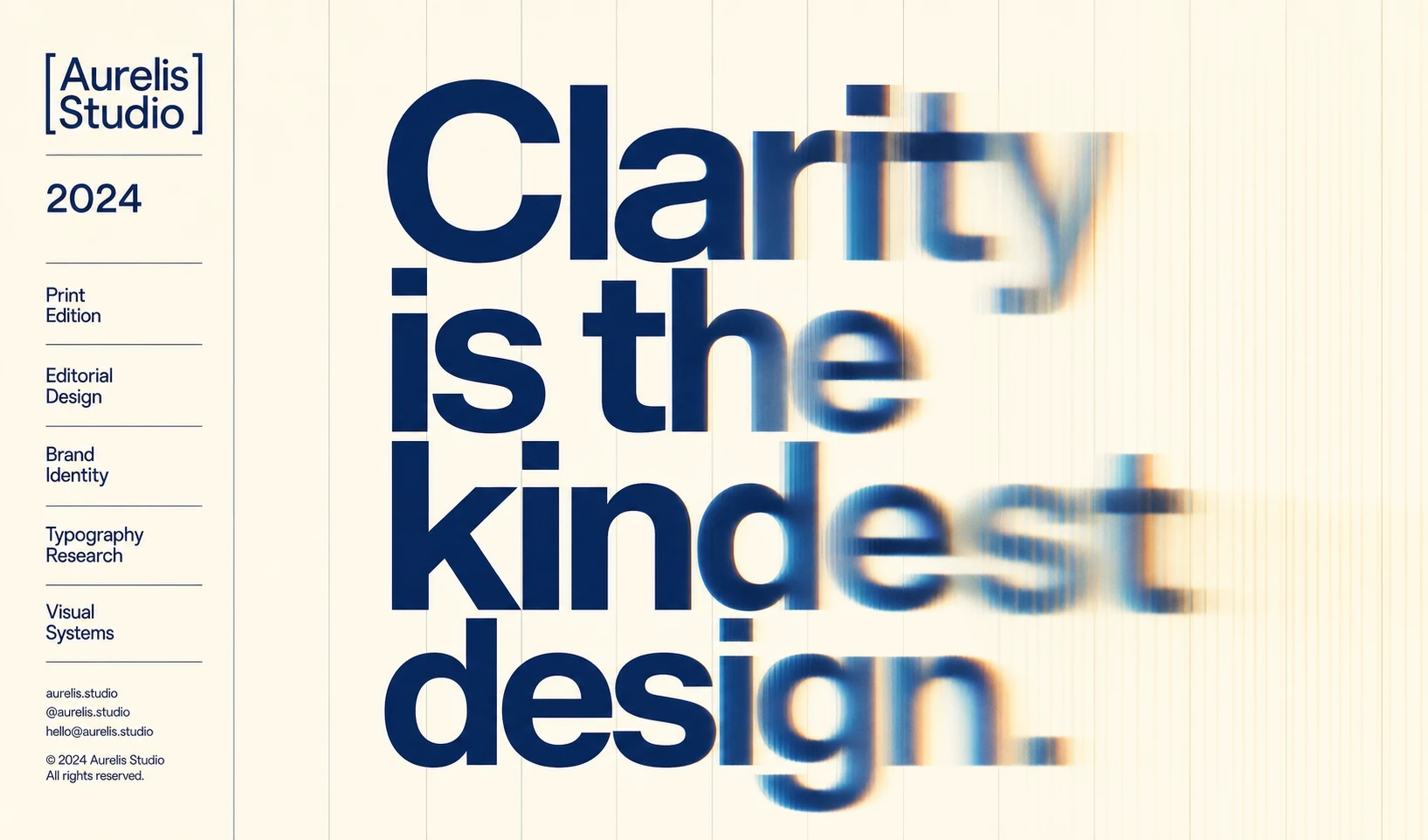 A typographic editorial poster featuring a bold multi-line statement that progressively blurs into motion, paired with a structured studio sidebar.