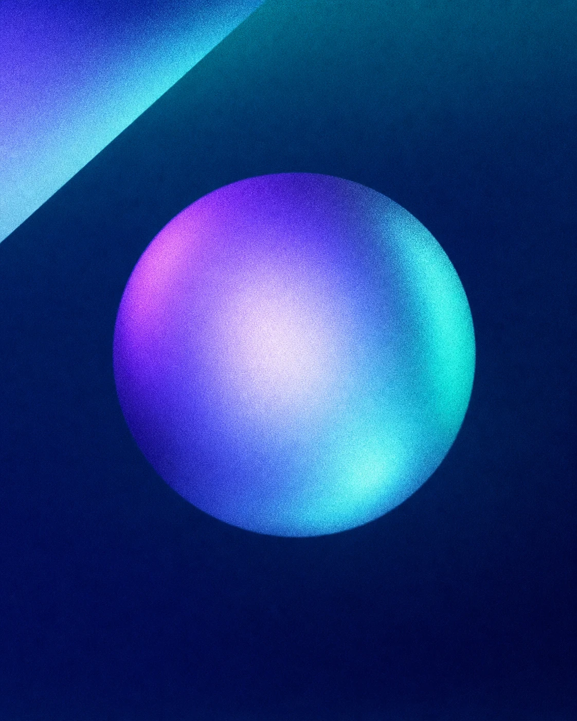 A glowing gradient orb floating against a deep blue grainy field with a diagonal light band in the upper corner.