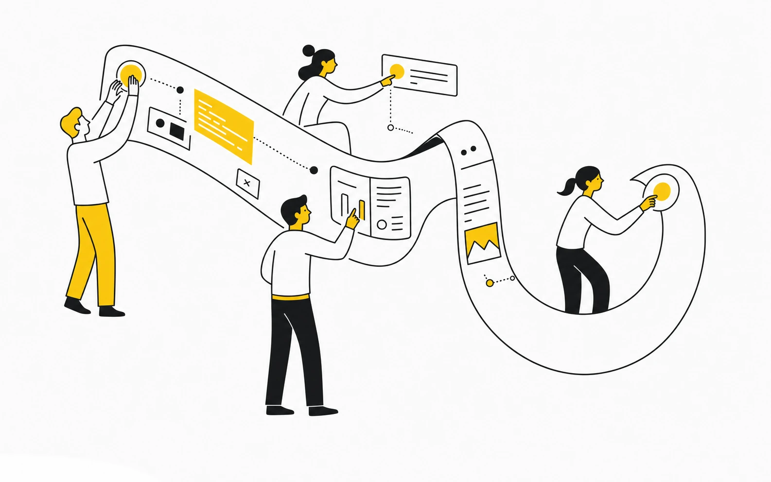 A line-art illustration of a team of people collaboratively interacting with a long, ribbon-like digital interface that winds across the frame.