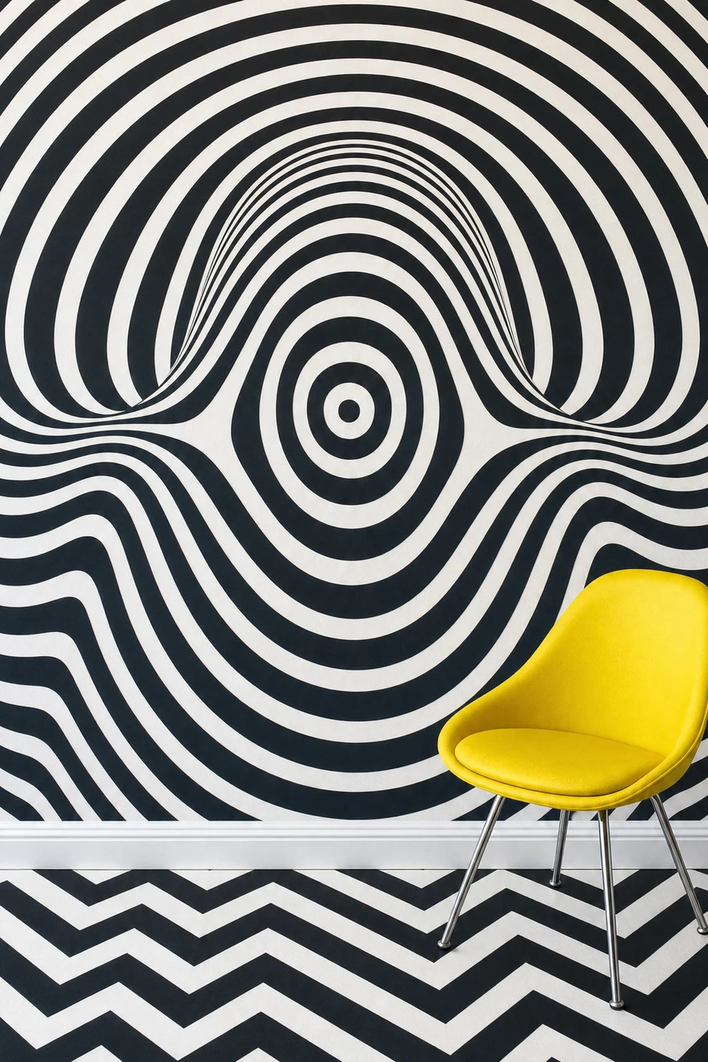 A bold yellow modern chair sits against a black-and-white op-art wall with concentric warped rings above a zigzag chevron floor.