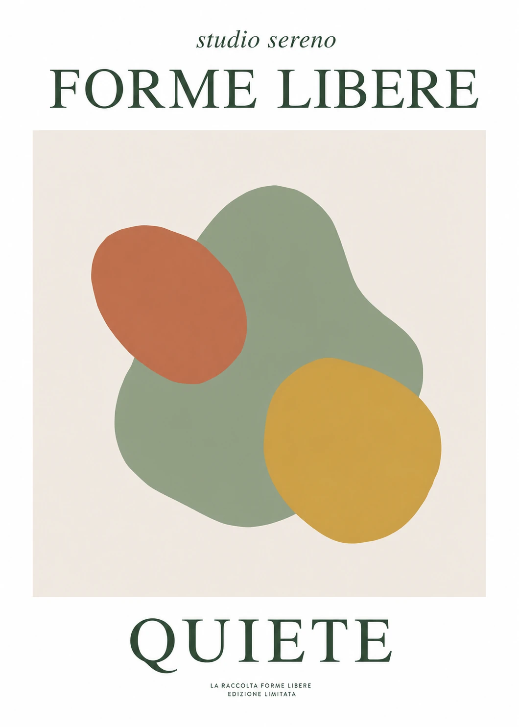 A minimalist art-gallery poster featuring soft organic abstract shapes framed by elegant serif typography.