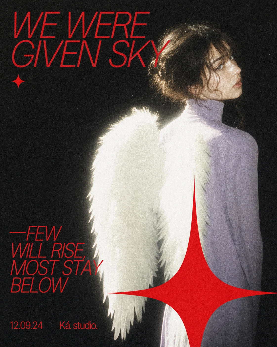 A moody editorial poster of a winged figure paired with bold red italic typography and a graphic four-point star.