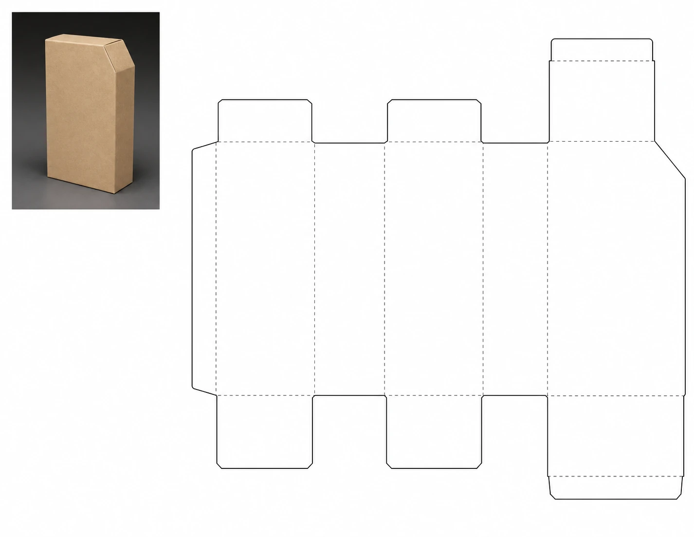 A packaging dieline template showing a flat 2D cut-and-fold layout for a tall box alongside a small 3D render of the assembled kraft-paper box.