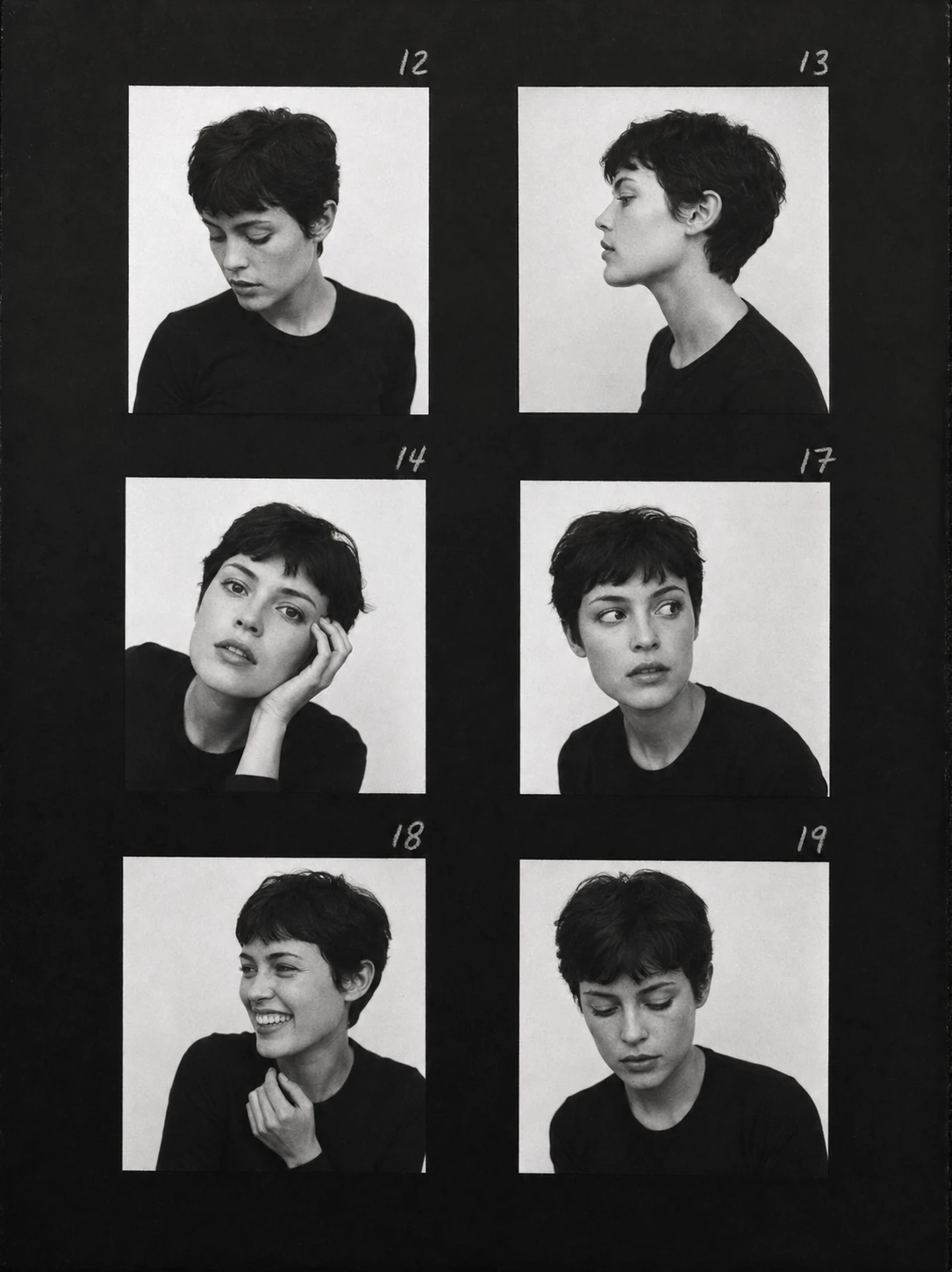 A black-and-white photographic contact sheet showing six expressive portrait variations of the same person in a grid.