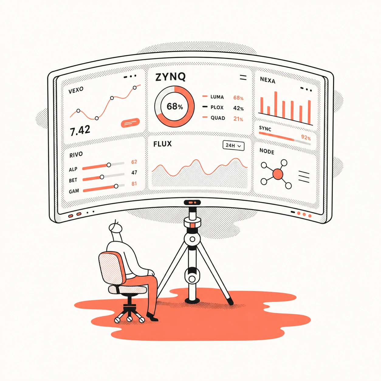 A line-art illustration of a person seated on an office chair viewing a large curved analytics dashboard screen on a stand.