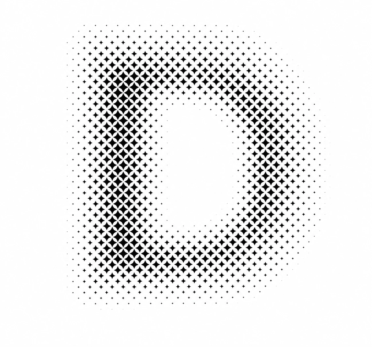 A halftone-dot composition forming a soft, rounded square-with-hole shape, rendered as a gradient of star-like dots on white.