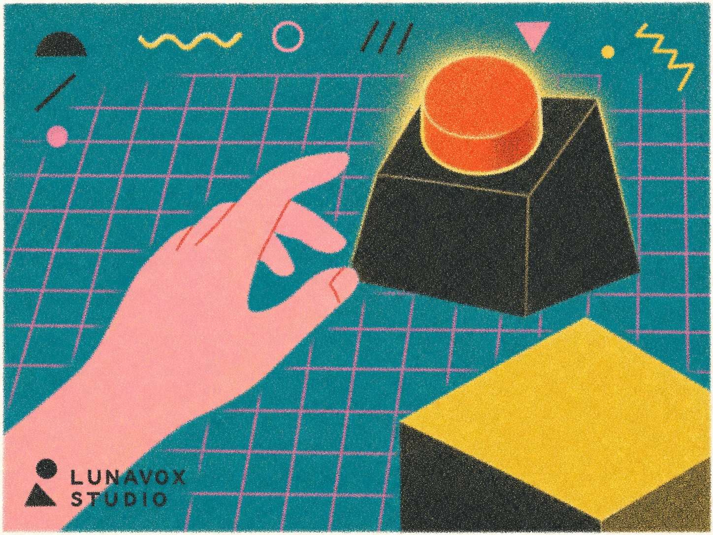 A retro-styled illustration of a hand reaching toward a glowing red push-button on a black pedestal, set against a teal grid with playful geometric accents.