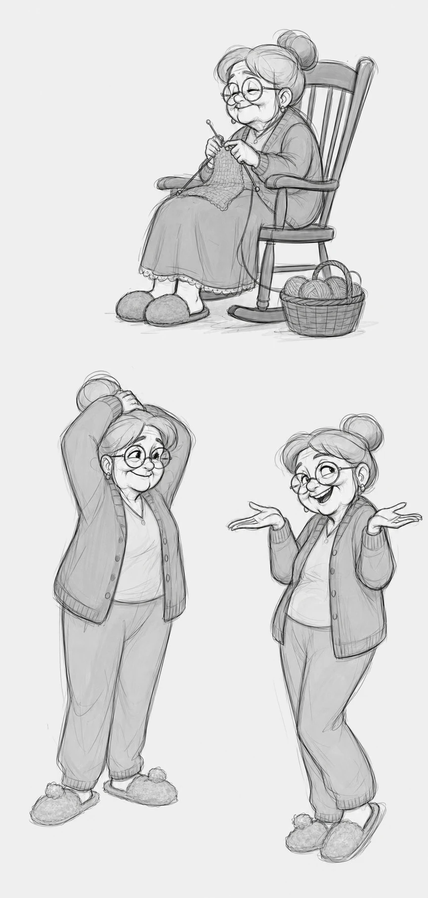 A grayscale character design sheet showing a cheerful elderly woman in three poses, rendered as an animation-style pencil sketch.