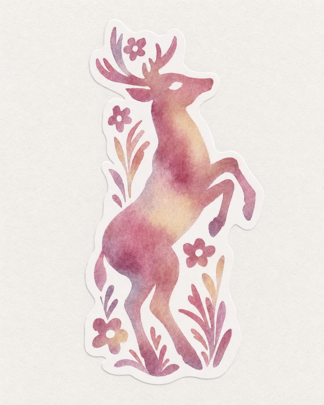 A watercolor die-cut sticker of a rearing antlered deer surrounded by stylized flowers and foliage in warm rosy tones.
