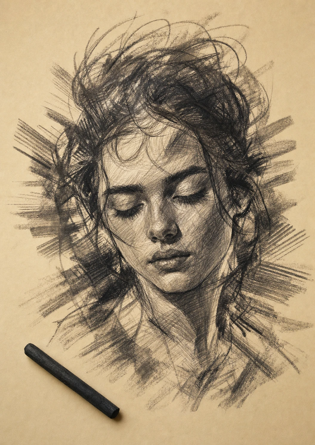 An expressive charcoal portrait sketch of a woman with closed eyes on toned paper, accompanied by a charcoal stick.