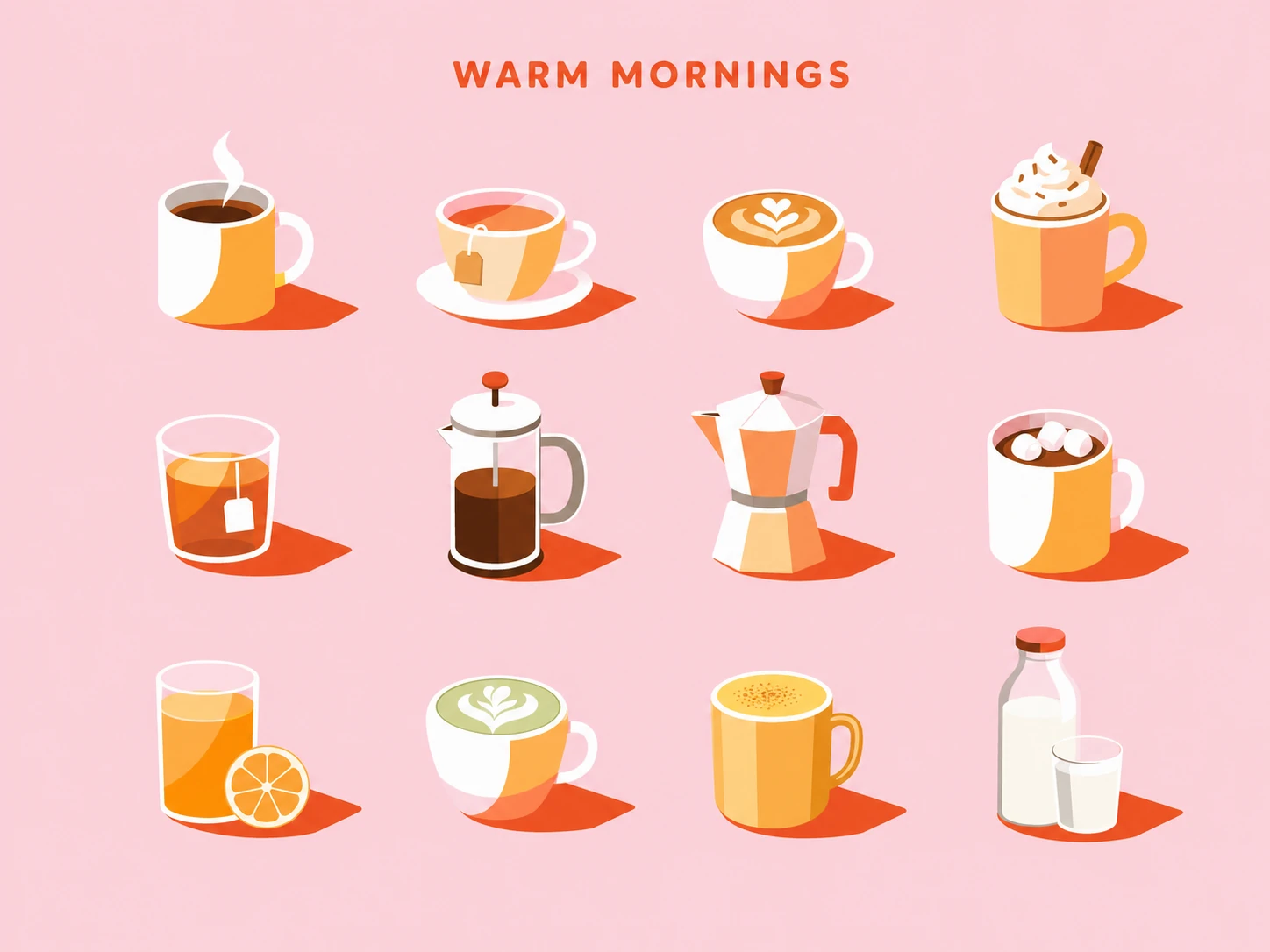 A flat vector illustration grid of warm morning beverages and brewing vessels on a soft pink background with a bold heading.