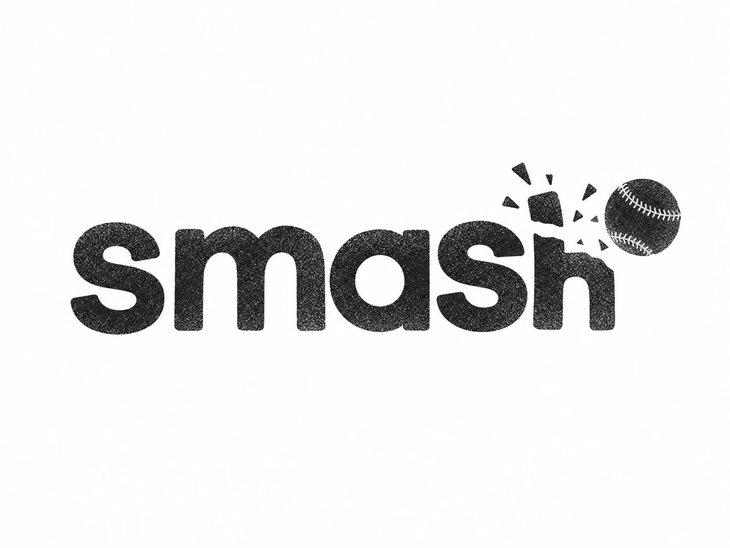 A playful black-on-white wordmark logo where a single lowercase word is being broken apart by a flying baseball.