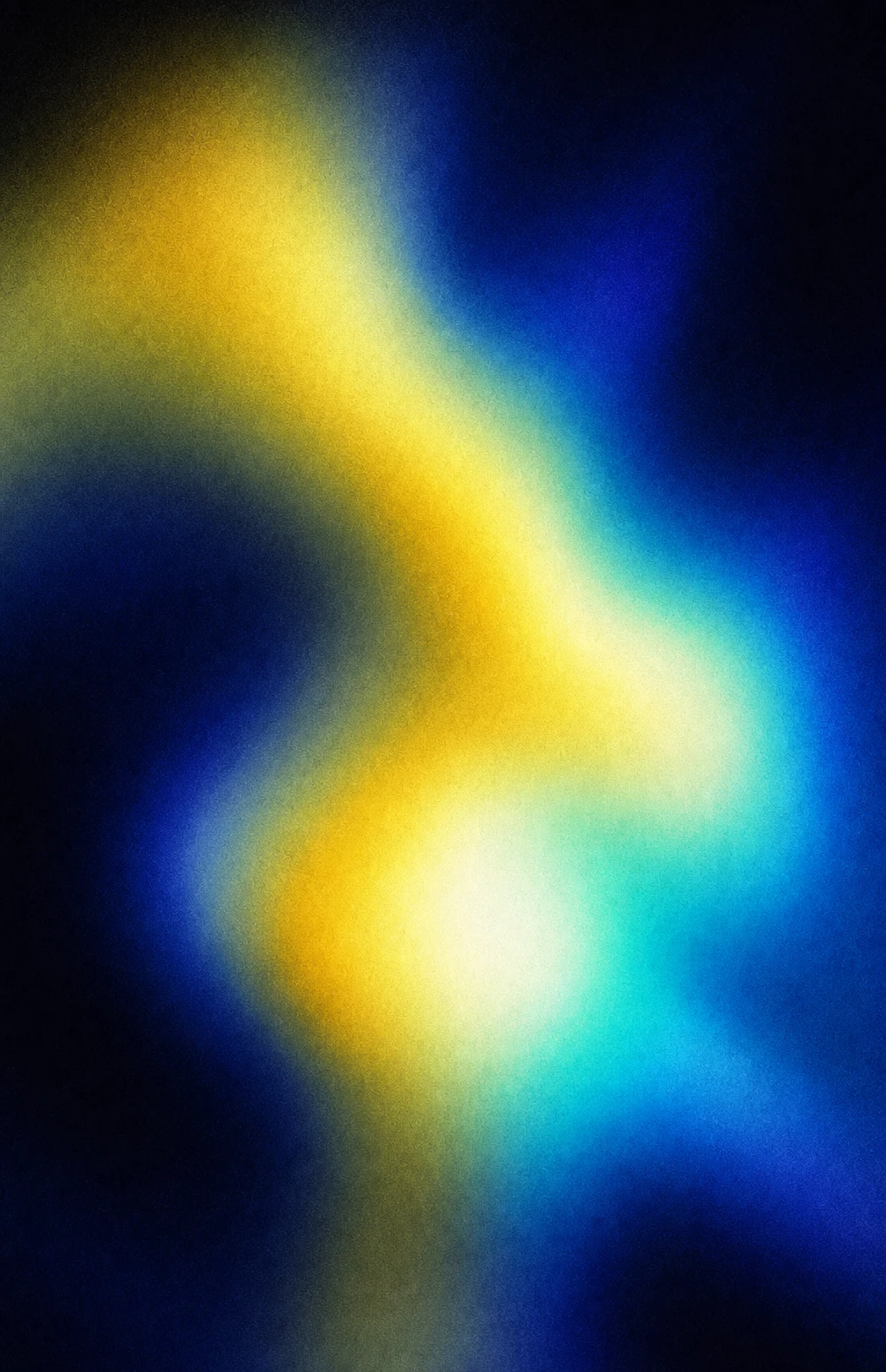 An abstract grainy gradient with glowing diagonal blooms of yellow, cyan, and blue against deep black.