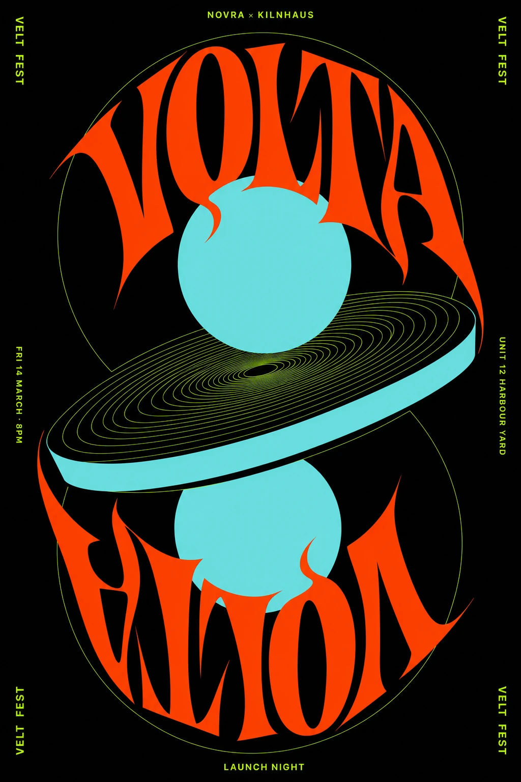 A psychedelic music-festival poster with mirrored liquid display lettering framing a floating cyan sphere and spinning vinyl-disc motif.