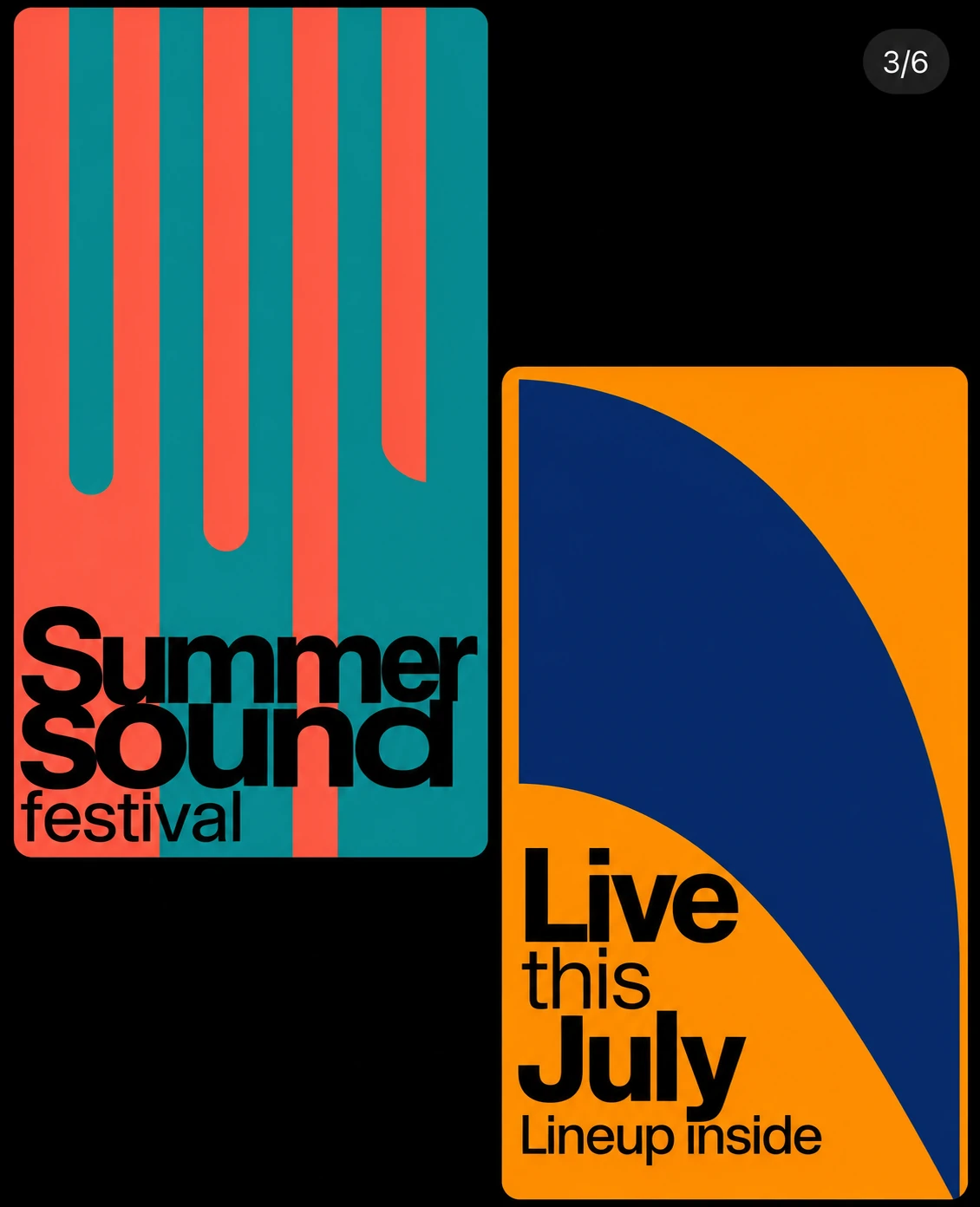 A pair of bold retro-modern poster cards for a music festival, using flat geometric shapes and chunky lowercase typography on a black field.