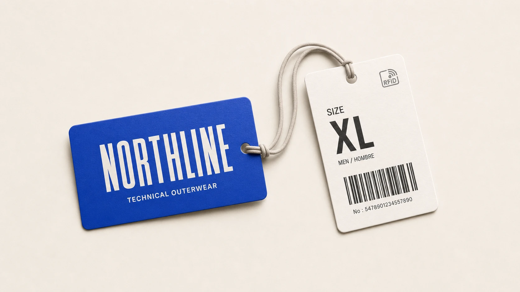 A pair of apparel hangtags—one branded, one informational—joined by an elastic cord and photographed flat on a neutral surface.
