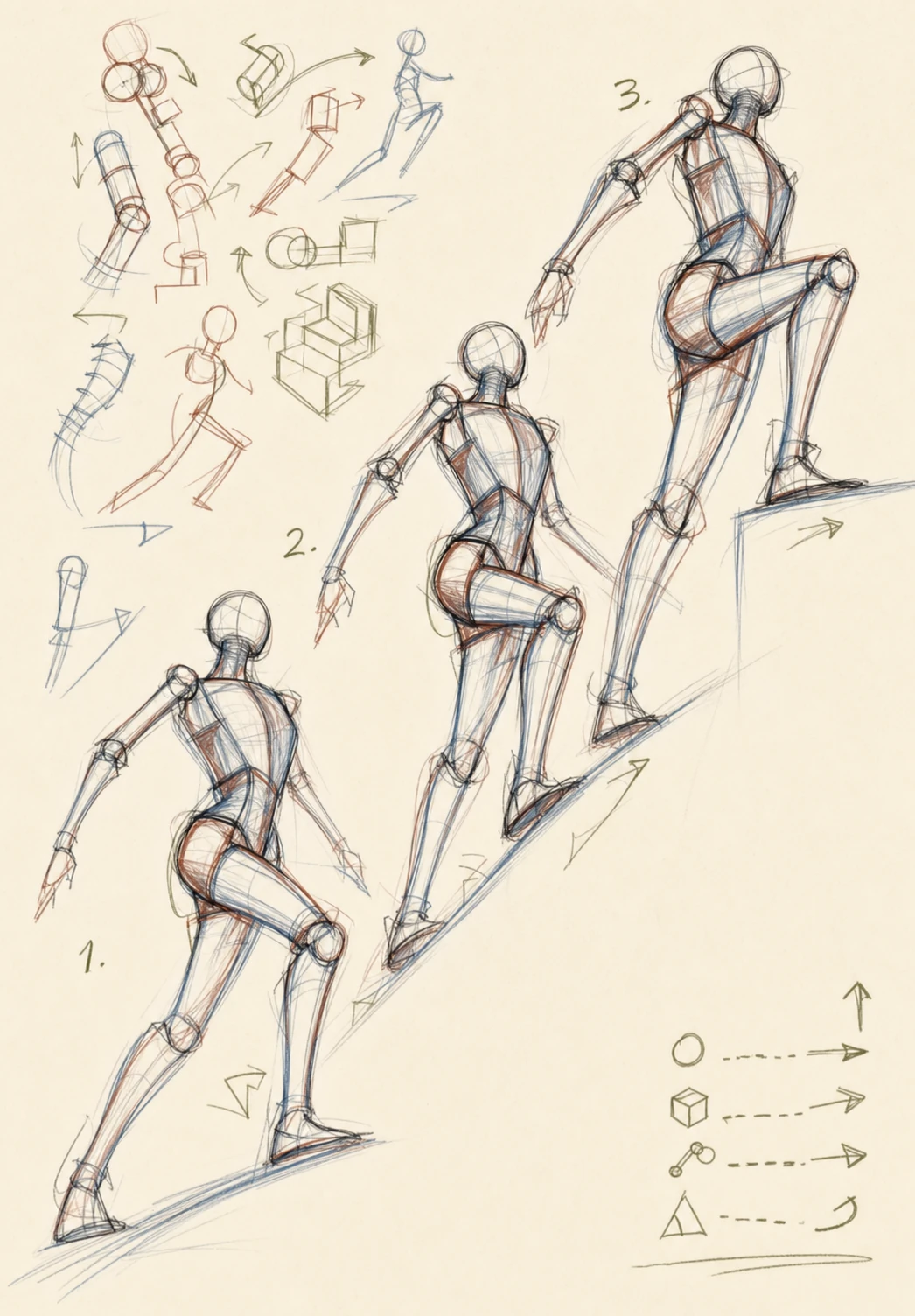 An anatomical figure-drawing study sheet showing a sequential climbing/ascending pose broken into three stages, surrounded by gestural construction sketches and