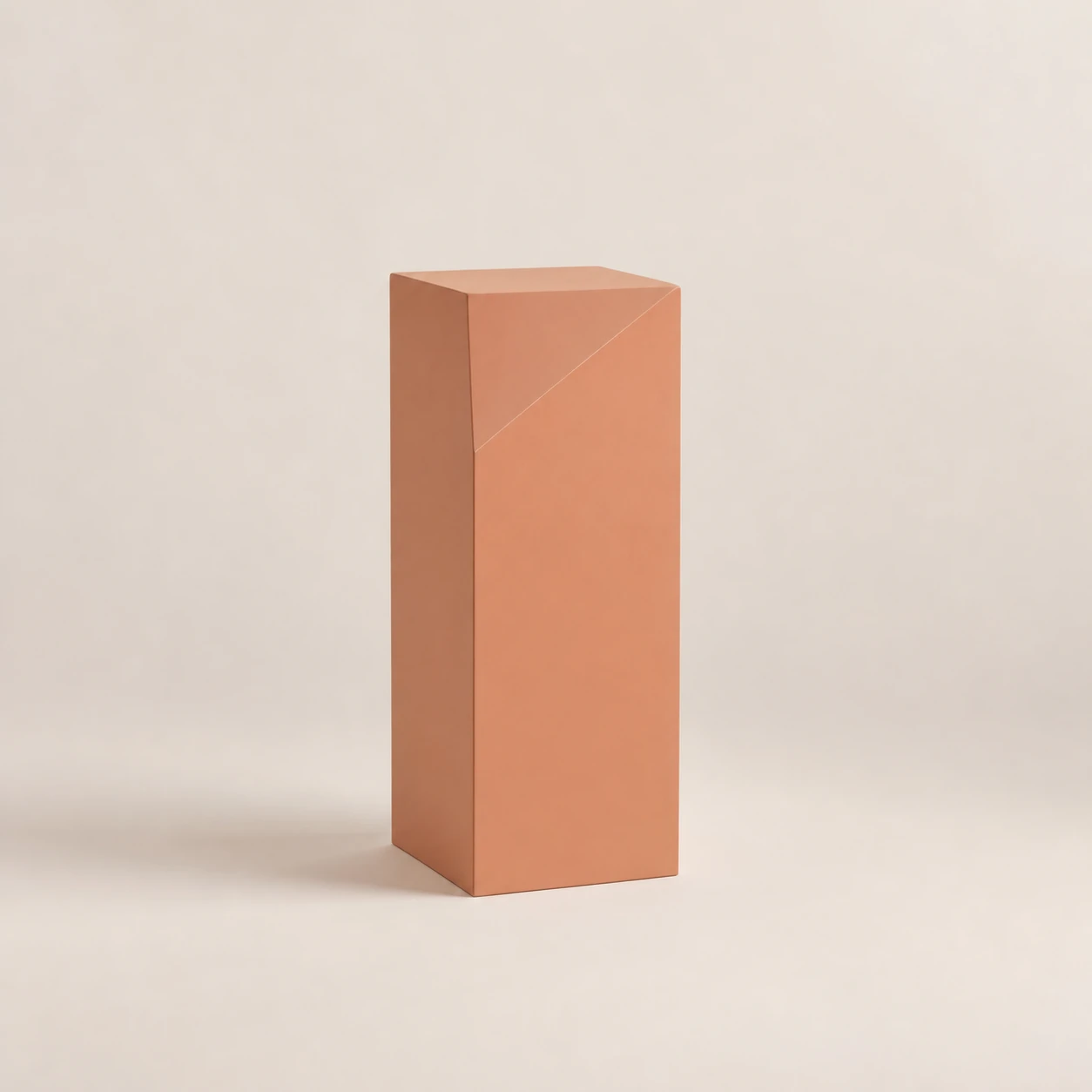 A minimalist studio render of a tall terracotta rectangular plinth standing on a soft neutral surface.